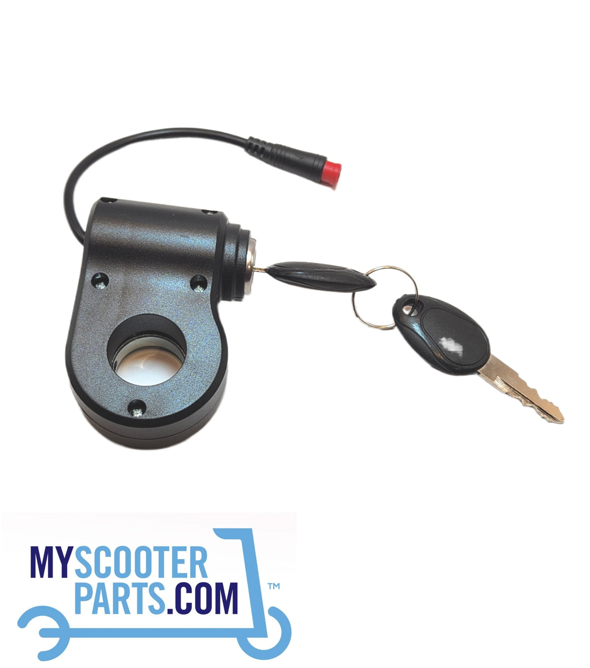 ELECTRIC SCOOTER LOCK | KEY ASSEMBLY, CAN BE USED TO SECURE MOST MODEL ELECTRIC SCOOTERS, MAY NEED SOME WIRING ADJUSTMENT TO SUIT DIFFERENT SCOOTERS.

HAS RED JUBUL PLUG, THIS CAN BE REMOVED AND HARD WIRED INTO YOUR SCOOTER IGNITION GIVING EXTRA SECURITY FOR YOUR SCOOTER, ONE MORE ANTI THEFT DEVICE.
