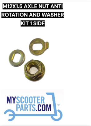 M12x1.5 axle nut anti-rotation and washer kit with 'MyScooterParts.com' branding on a white background.